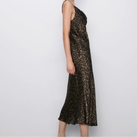 Zara Leopard Satin Slip Cowl Neck Dress XS - Picture 6 of 11
